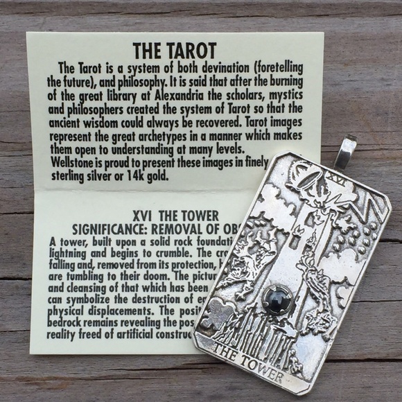 Tower Tarot Card Pendant .925 Sterling Silver w/ genuine Hematite gem USA - Picture 6 of 8